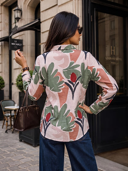 Green Floral Printed Collared Button Front Casual Shirt Women