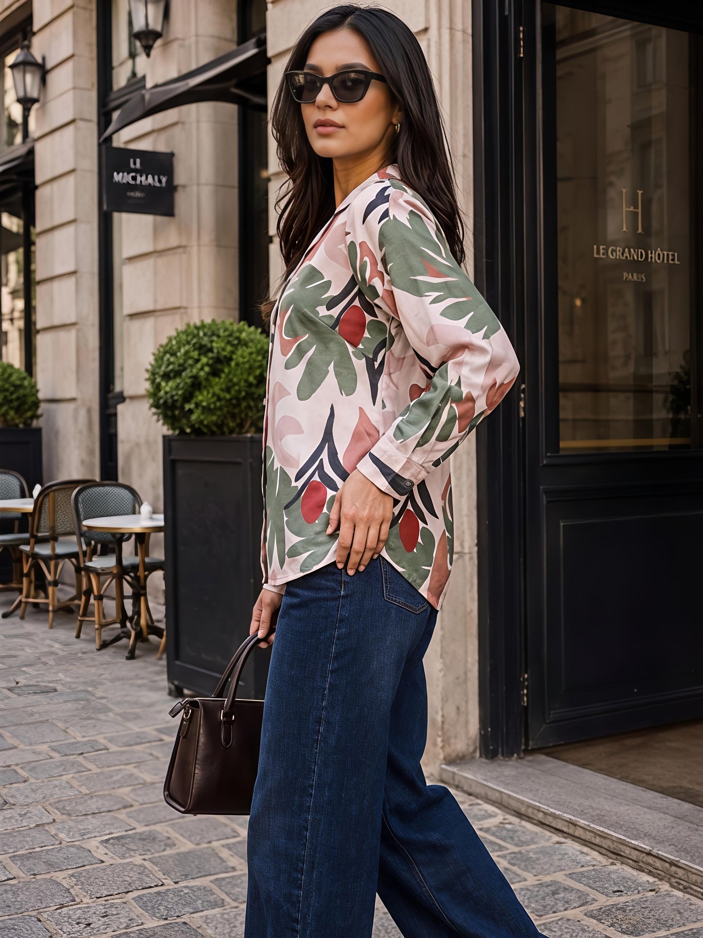 Green Floral Printed Collared Button Front Casual Shirt Women