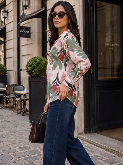 Green Floral Printed Collared Button Front Casual Shirt Women