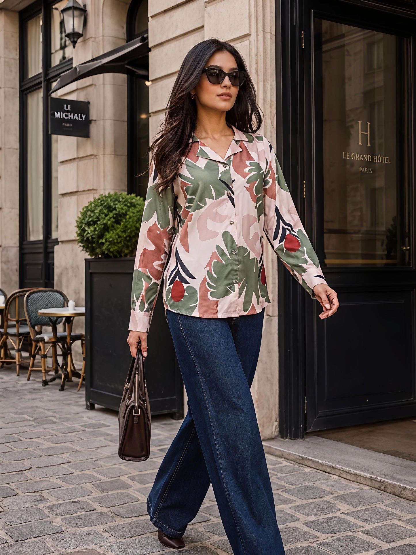Green Floral Printed Collared Button Front Casual Shirt Women