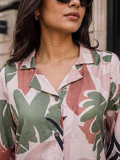 Green Floral Printed Collared Button Front Casual Shirt Women