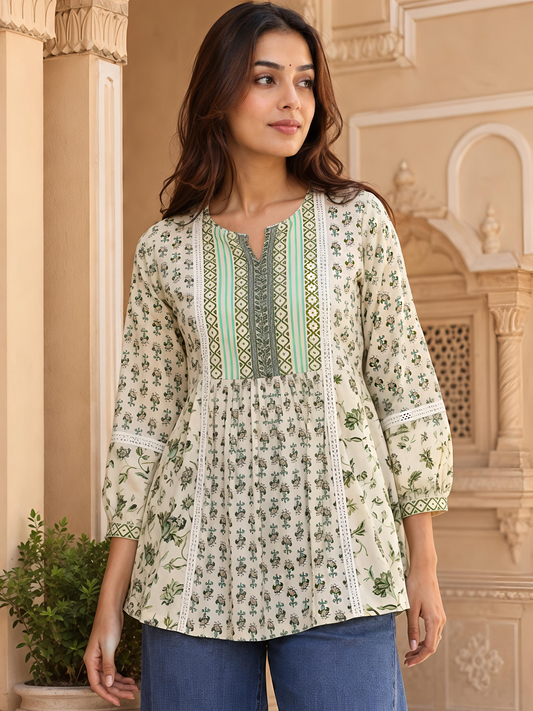 Green Floral Printed Puff Sleeve V Neck Casual Tunic Top