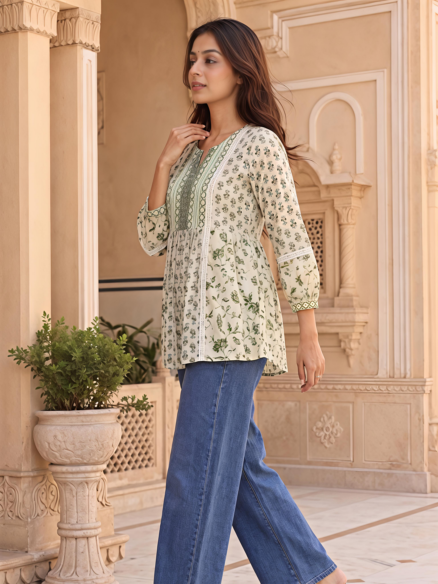 Green Floral Printed Puff Sleeve V Neck Casual Tunic Top
