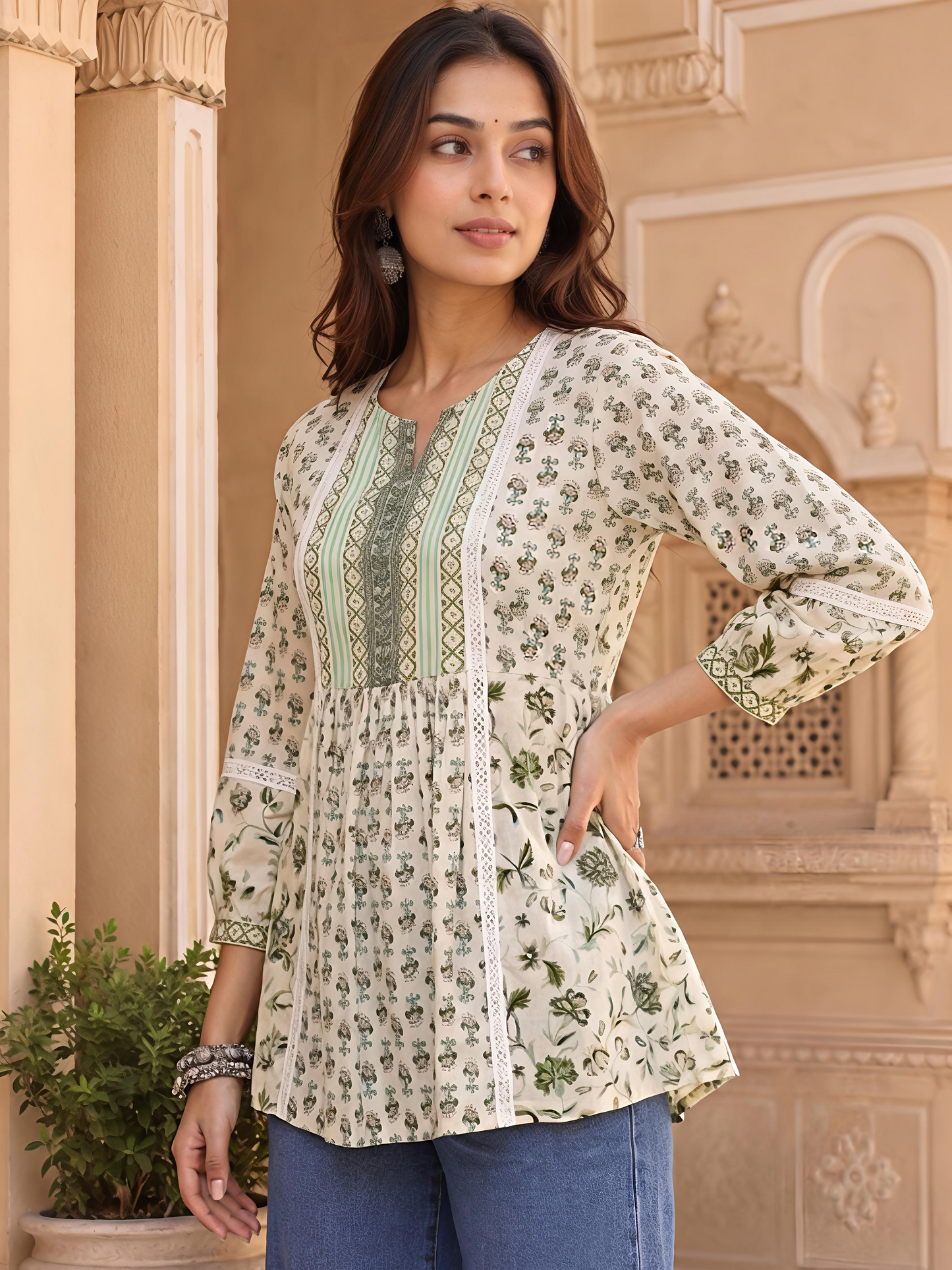 Green Floral Printed Puff Sleeve V Neck Casual Tunic Top