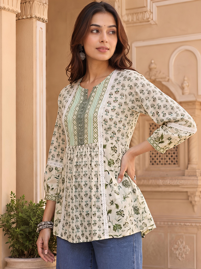 Green Floral Printed Puff Sleeve V Neck Casual Tunic Top