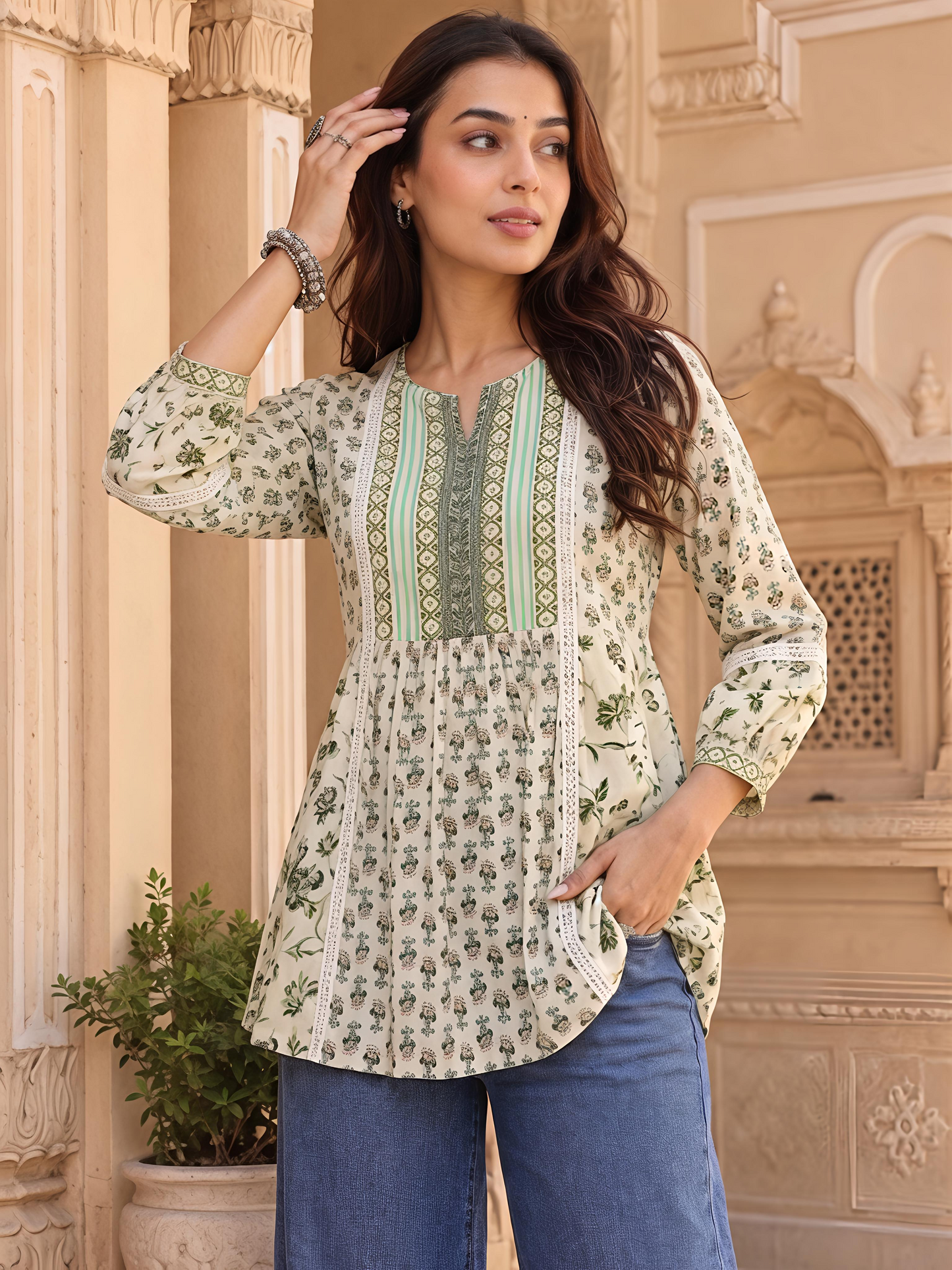 Green Floral Printed Puff Sleeve V Neck Casual Tunic Top