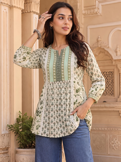 Green Floral Printed Puff Sleeve V Neck Casual Tunic Top