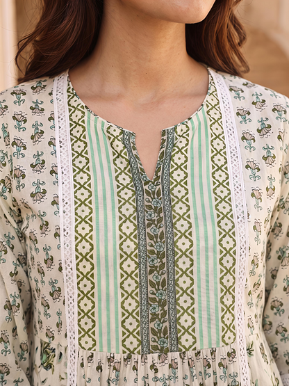 Green Floral Printed Puff Sleeve V Neck Casual Tunic Top