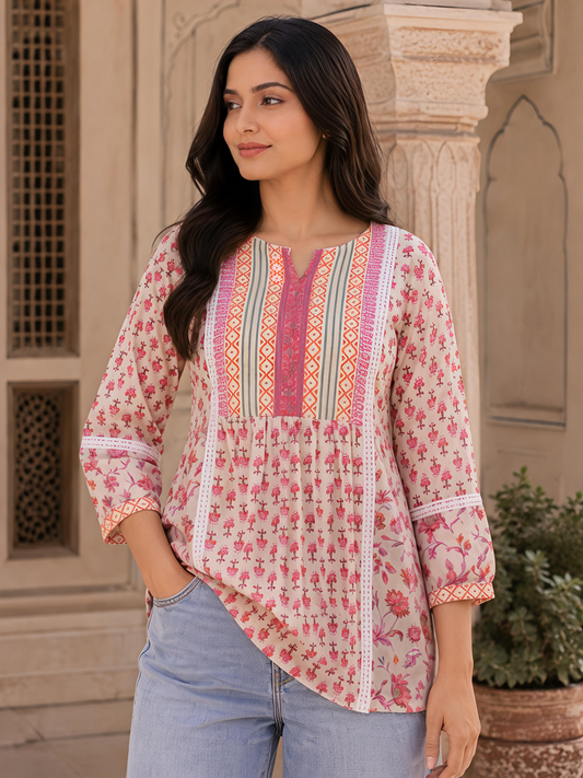 Pink Floral Printed Puff Sleeve V Neck Casual Tunic Top