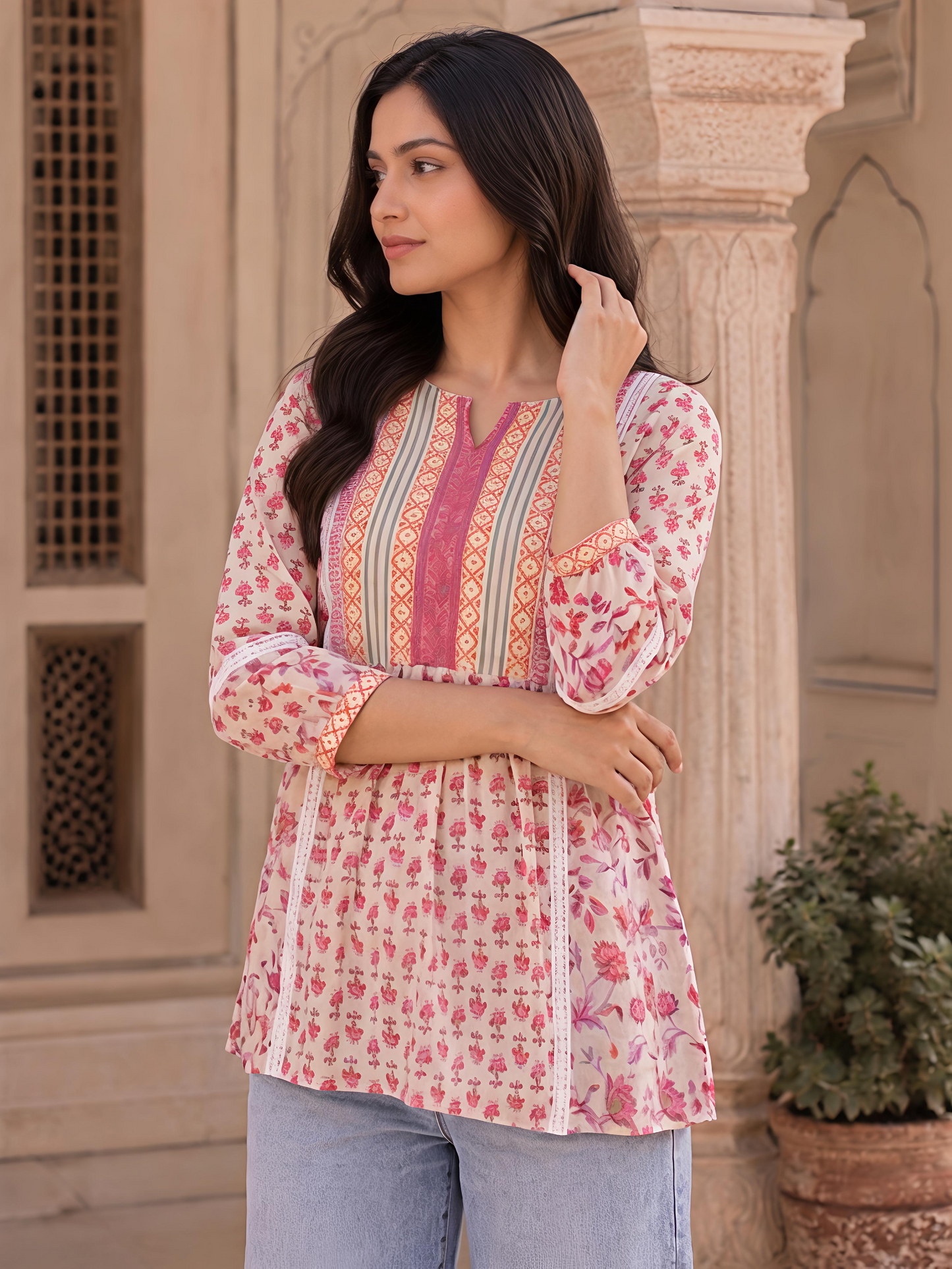 Pink Floral Printed Puff Sleeve V Neck Casual Tunic Top