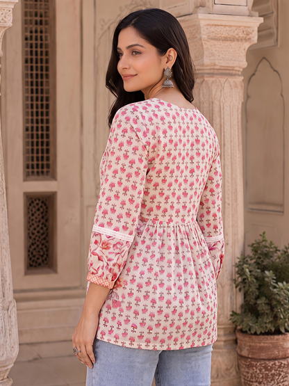 Pink Floral Printed Puff Sleeve V Neck Casual Tunic Top