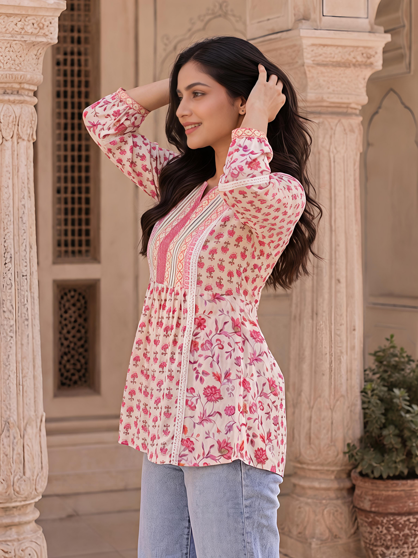 Pink Floral Printed Puff Sleeve V Neck Casual Tunic Top