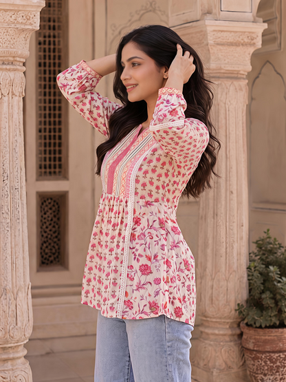 Pink Floral Printed Puff Sleeve V Neck Casual Tunic Top