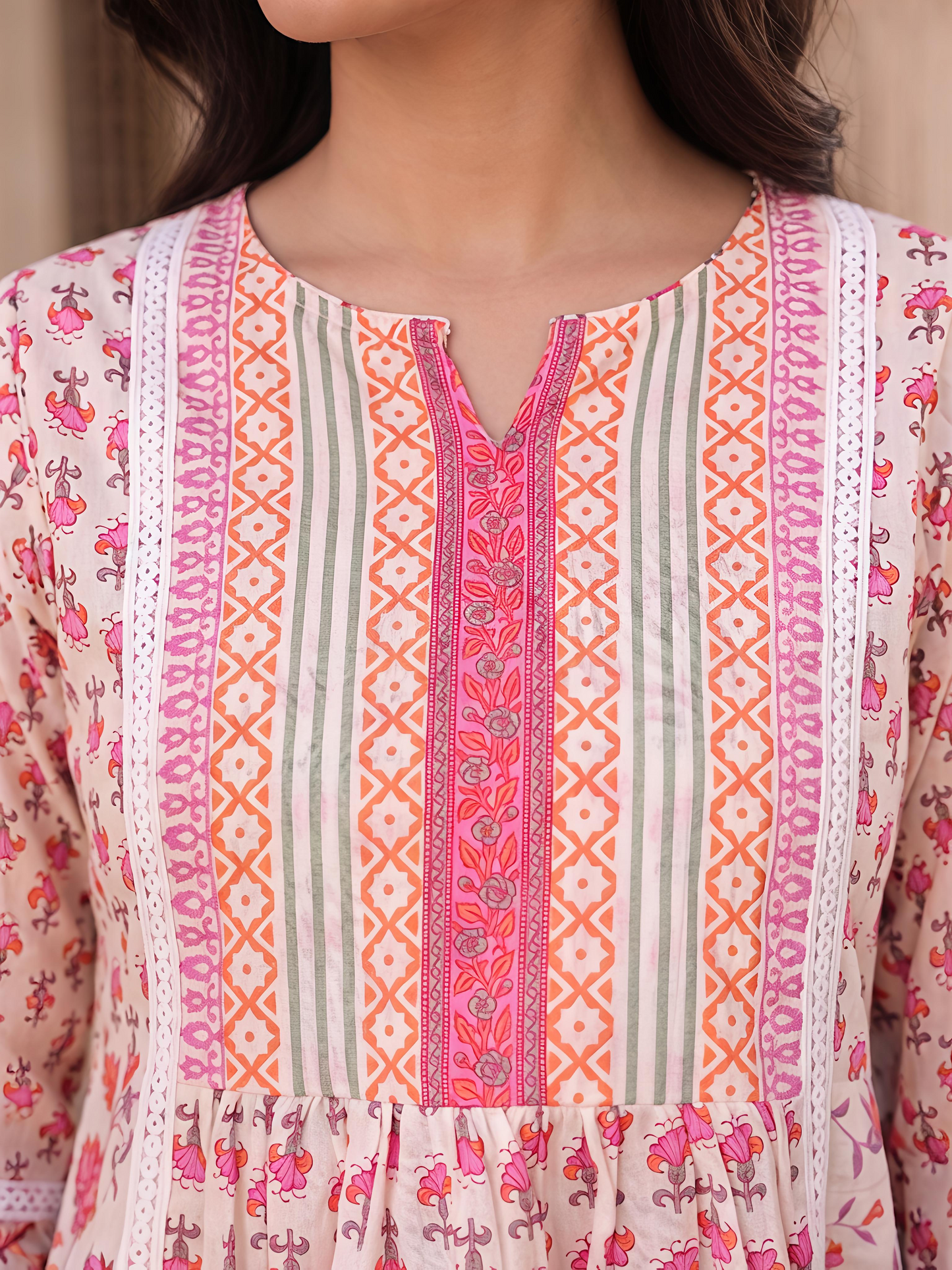 Pink Floral Printed Puff Sleeve V Neck Casual Tunic Top