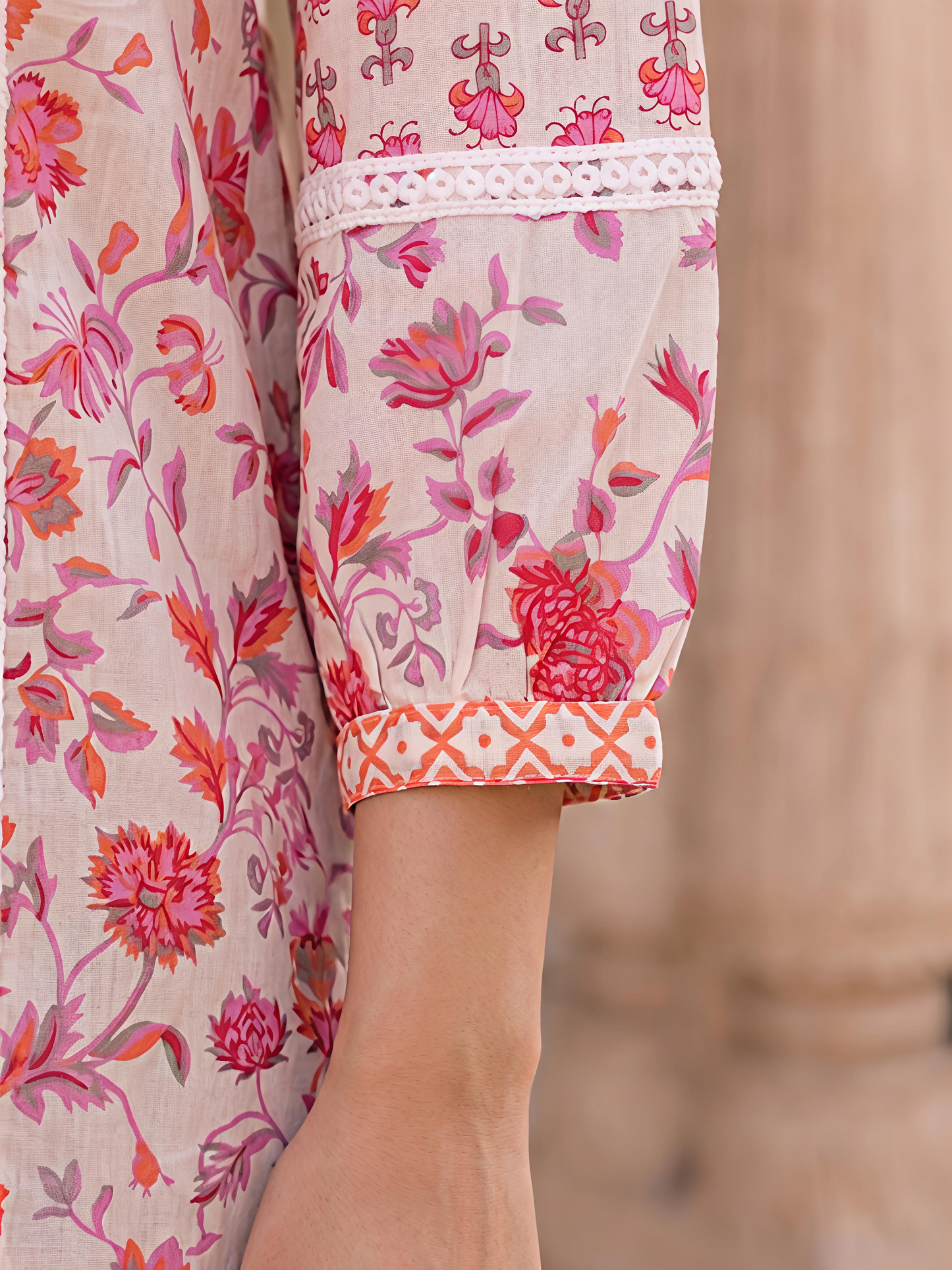 Pink Floral Printed Puff Sleeve V Neck Casual Tunic Top