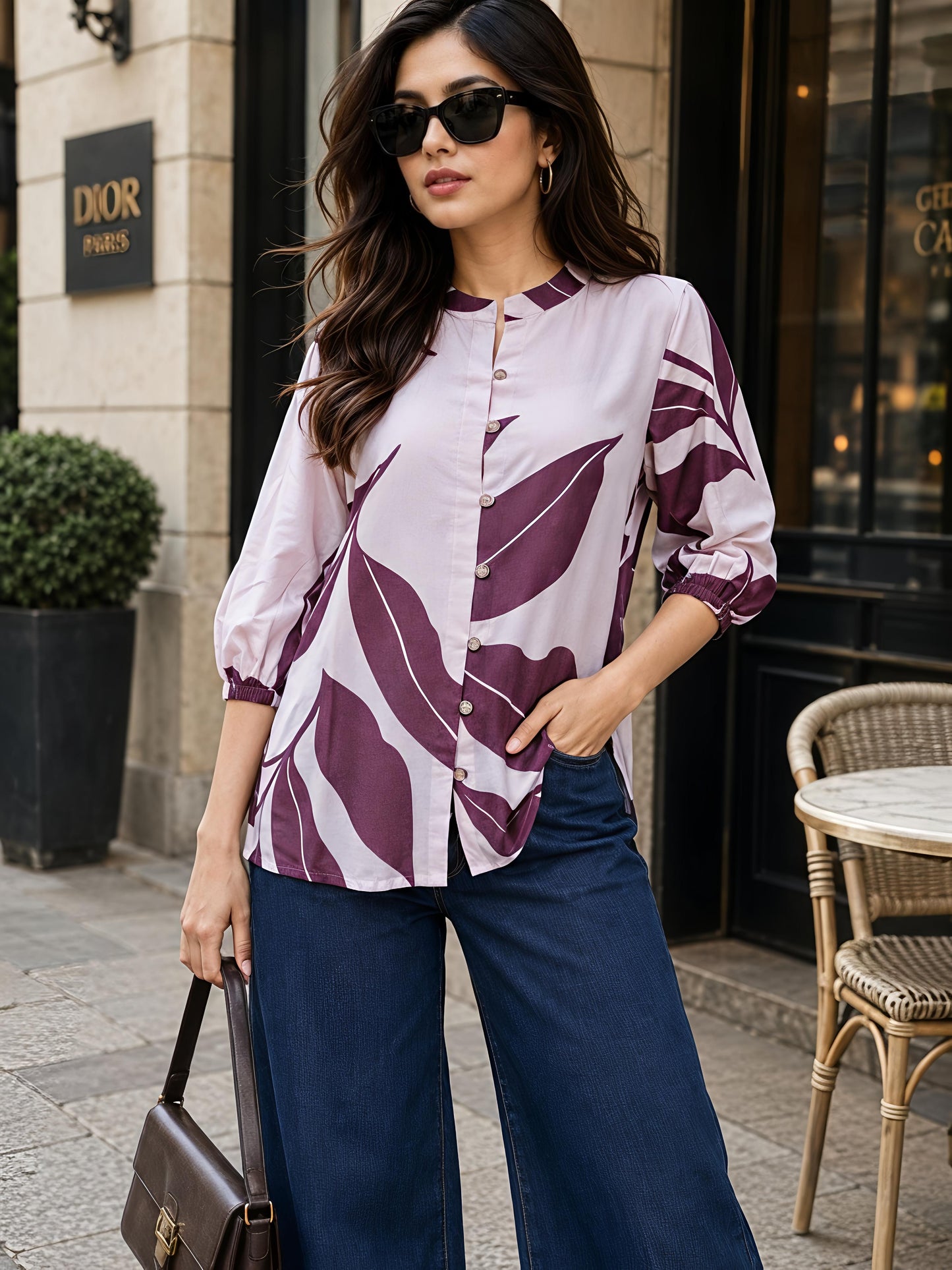 Wine Purple Printed Mandarin Neck Short Sleeve Casual Top Women
