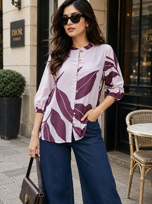 Wine Purple Printed Mandarin Neck Short Sleeve Casual Top Women