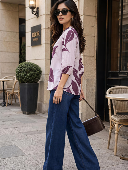 Wine Purple Printed Mandarin Neck Short Sleeve Casual Top Women