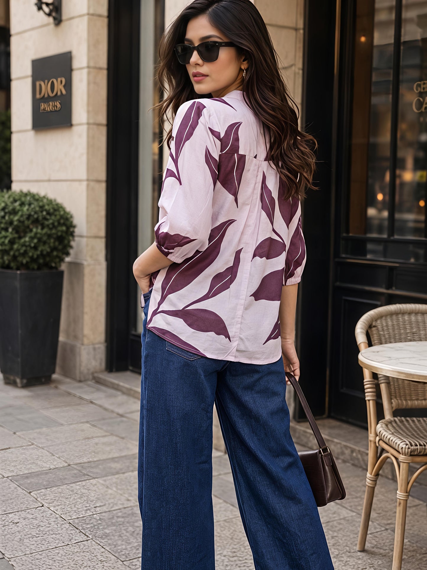 Wine Purple Printed Mandarin Neck Short Sleeve Casual Top Women