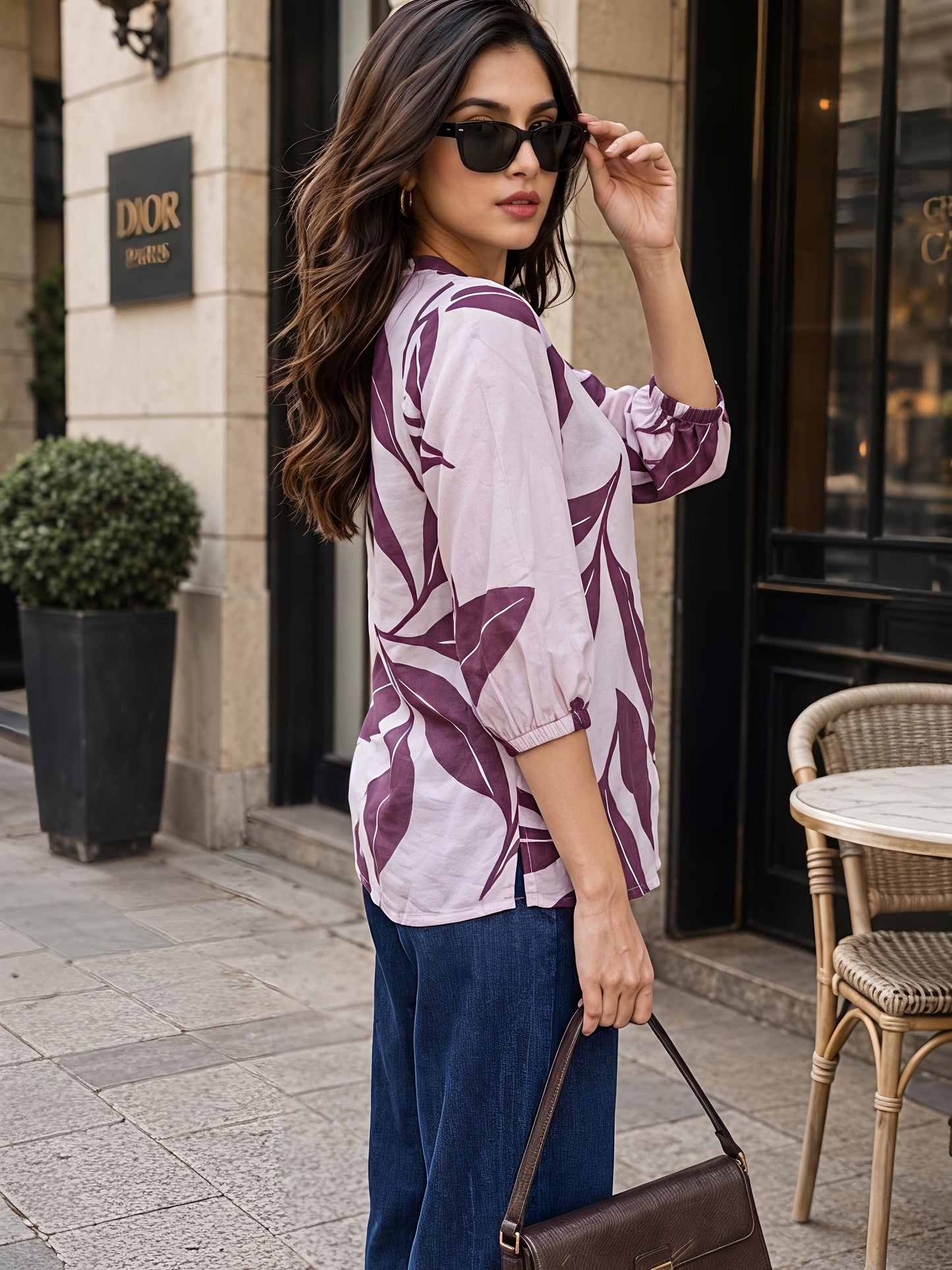 Wine Purple Printed Mandarin Neck Short Sleeve Casual Top Women