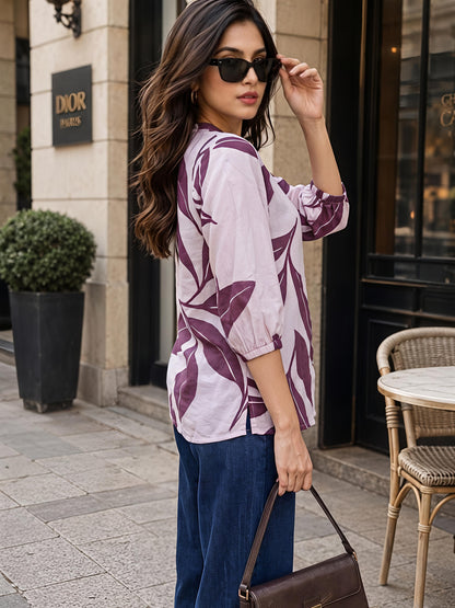 Wine Purple Printed Mandarin Neck Short Sleeve Casual Top Women