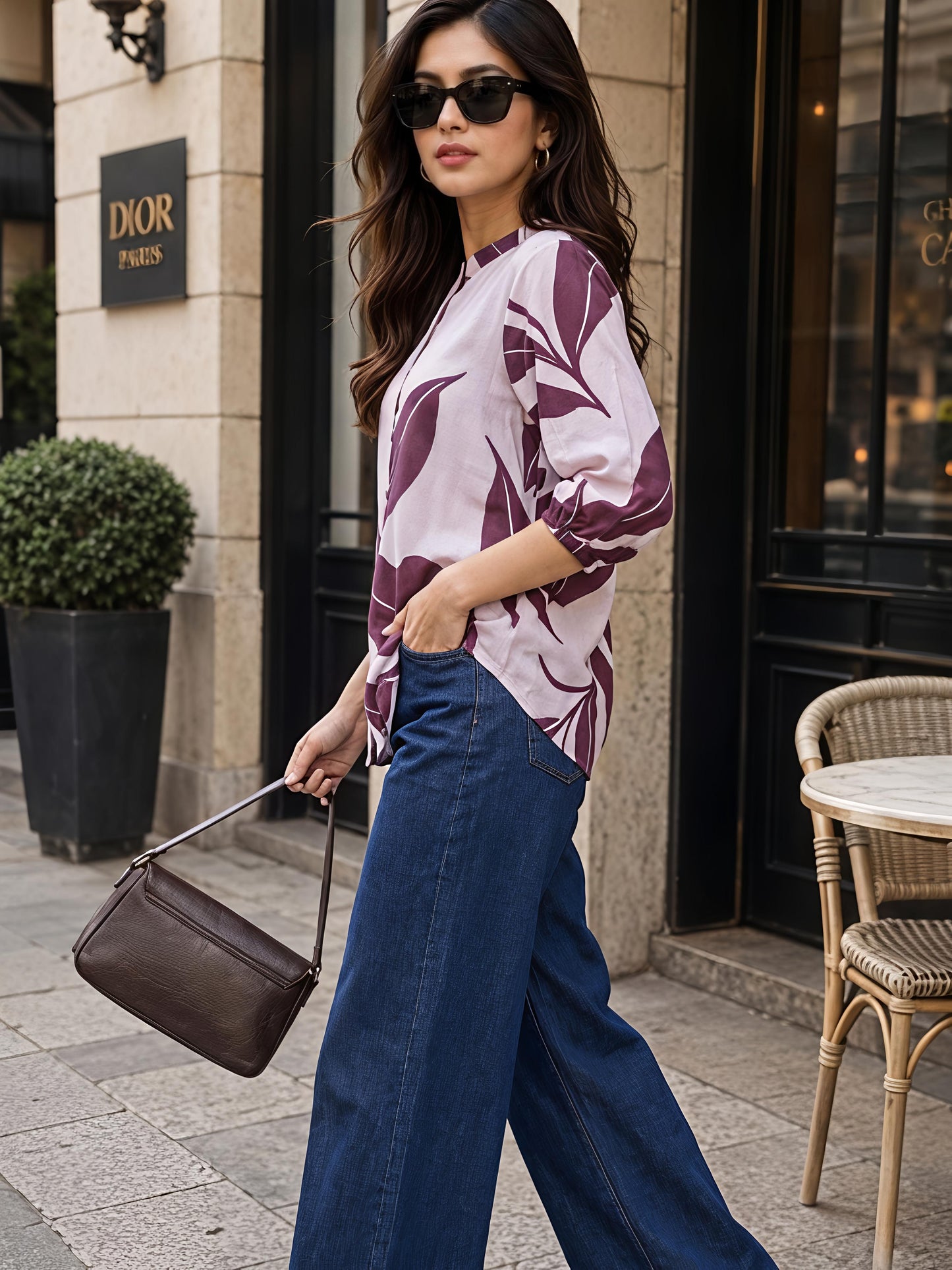 Wine Purple Printed Mandarin Neck Short Sleeve Casual Top Women