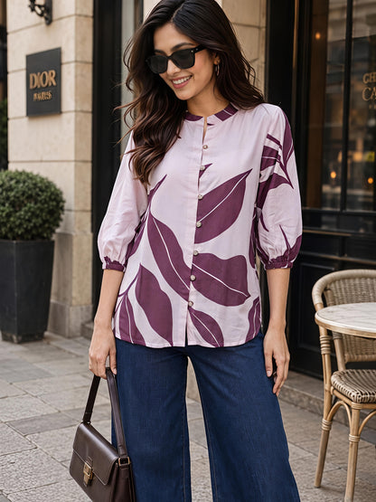 Wine Purple Printed Mandarin Neck Short Sleeve Casual Top Women