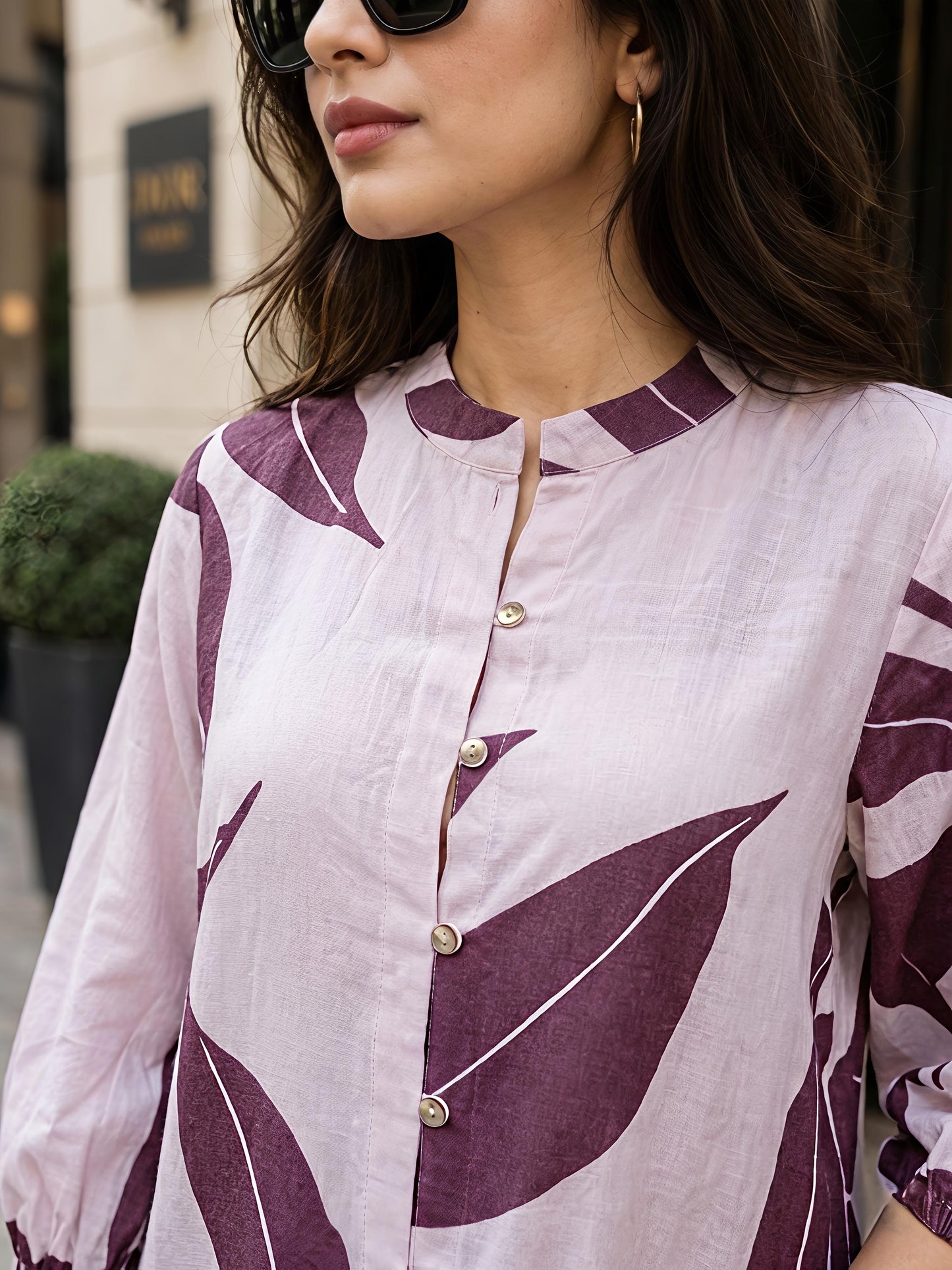 Wine Purple Printed Mandarin Neck Short Sleeve Casual Top Women