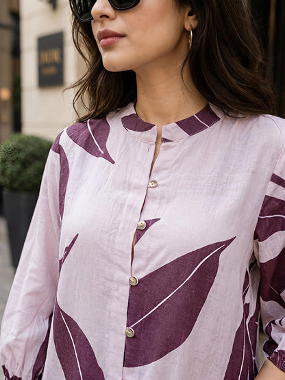 Wine Purple Printed Mandarin Neck Short Sleeve Casual Top Women