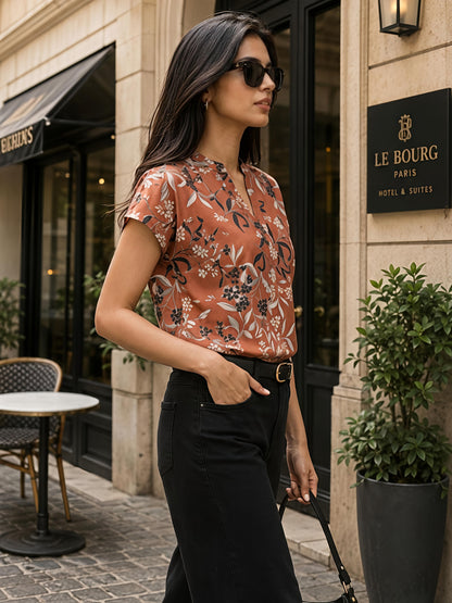 Brown Floral Printed Short Sleeve V Neck Casual Top Women