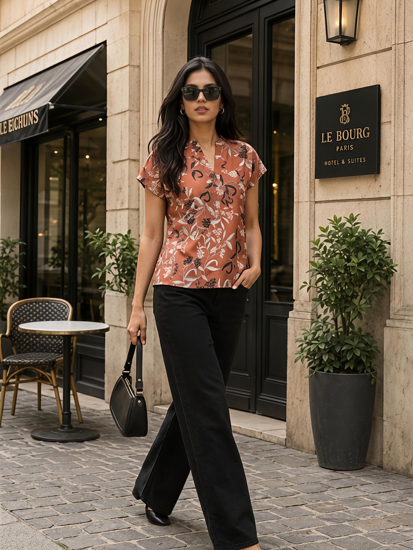 Brown Floral Printed Short Sleeve V Neck Casual Top Women
