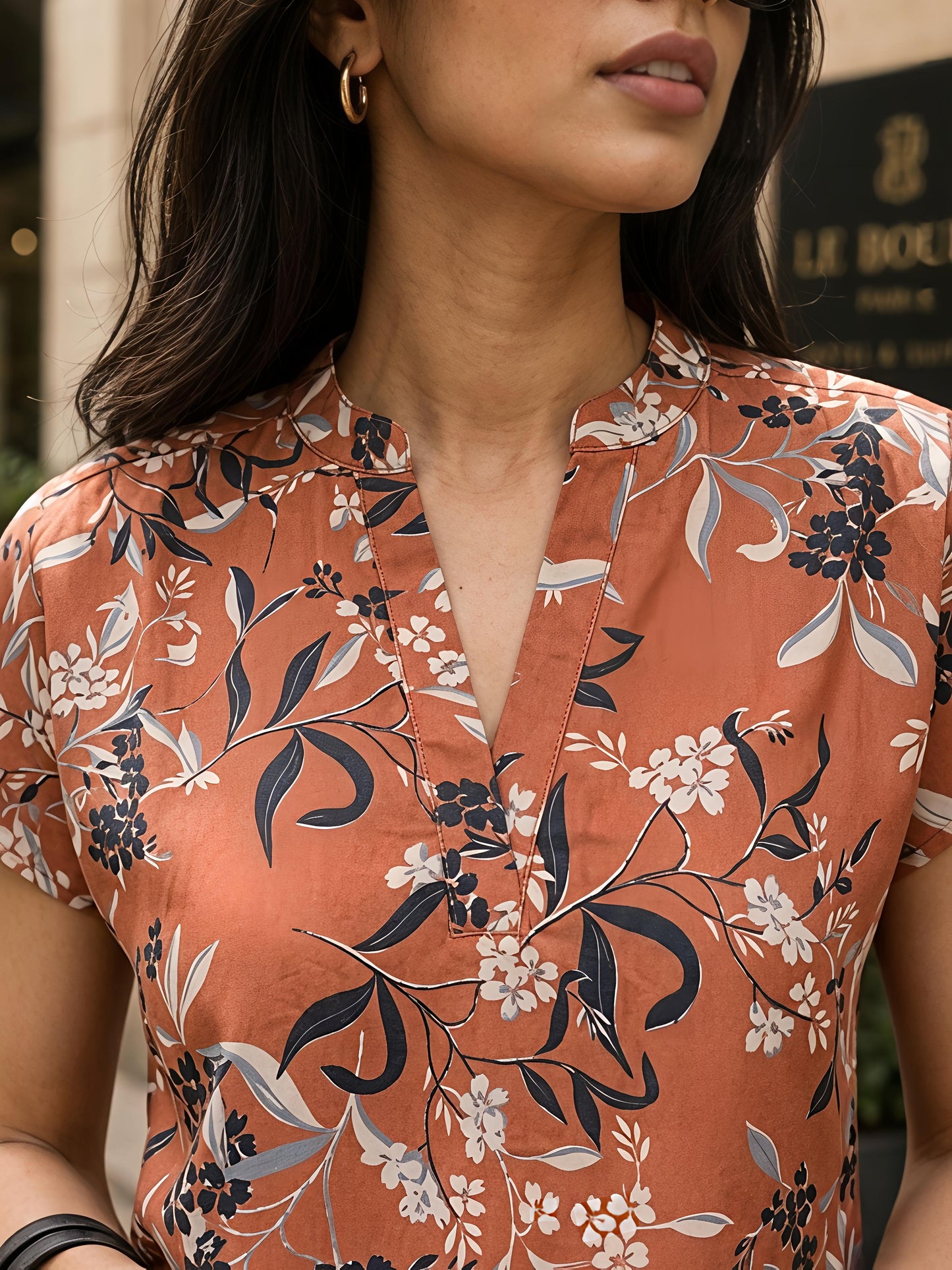 Brown Floral Printed Short Sleeve V Neck Casual Top Women