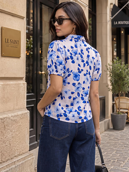 White Floral Printed Puff Sleeve V Neck Casual Top Women