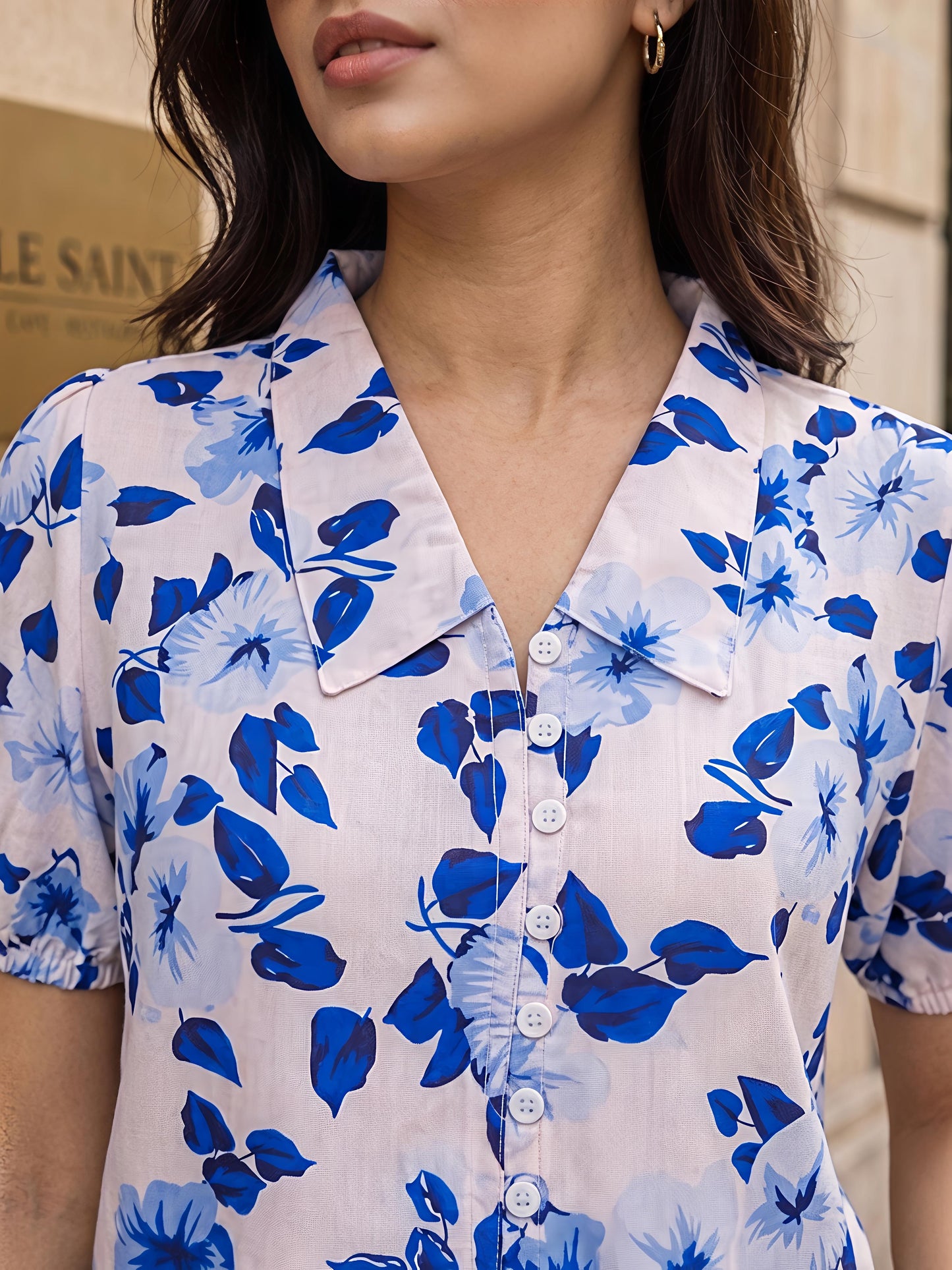 White Floral Printed Puff Sleeve V Neck Casual Top Women
