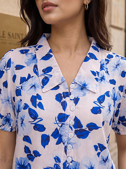 White Floral Printed Puff Sleeve V Neck Casual Top Women