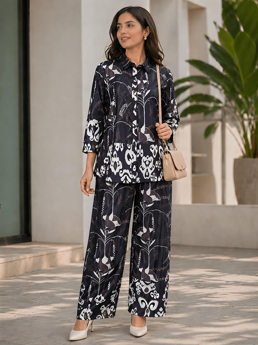Black Printed Collar Neck Top Palazzo Casual Co-Ord Set