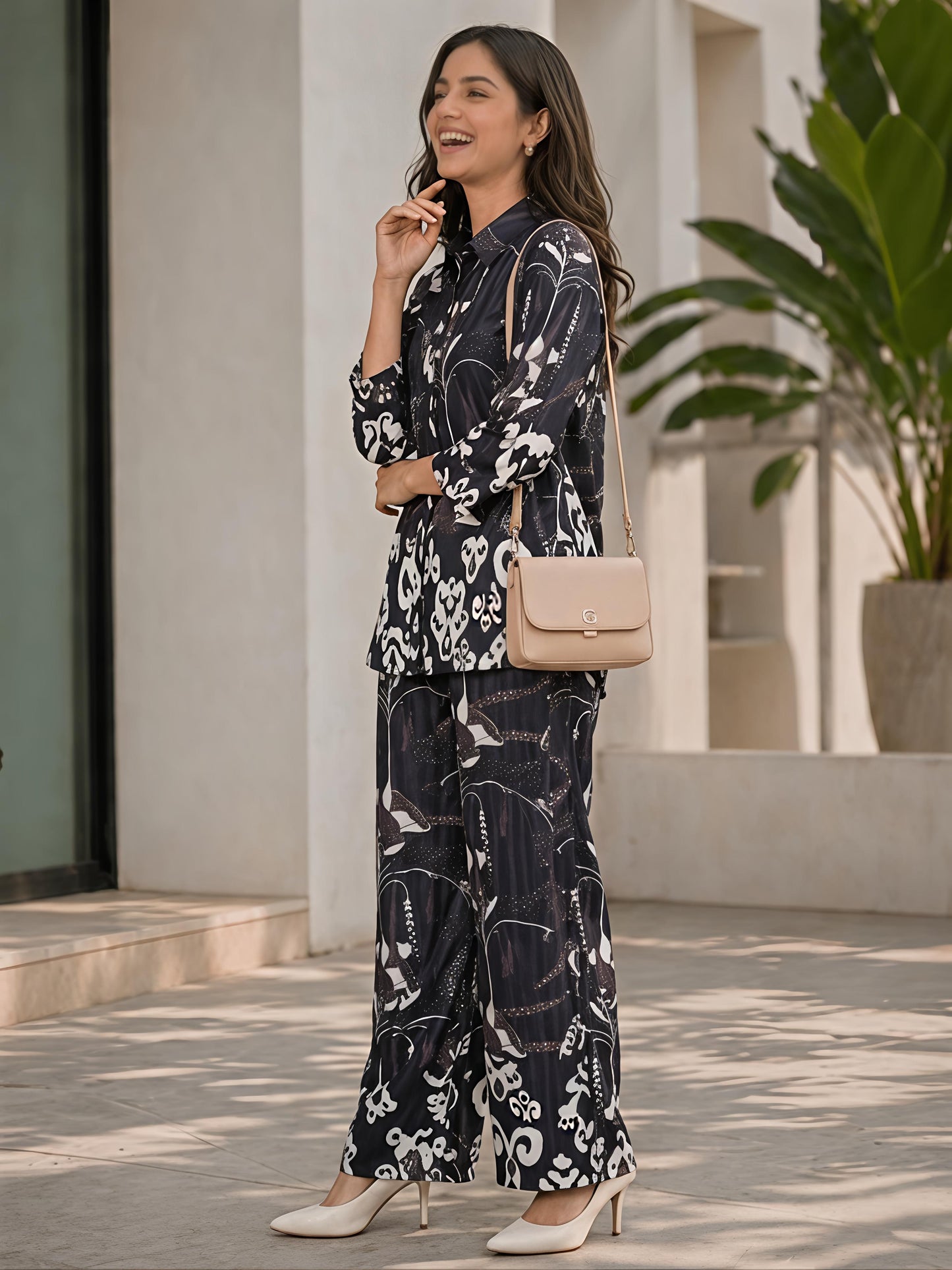 Black Printed Collar Neck Top Palazzo Casual Co-Ord Set