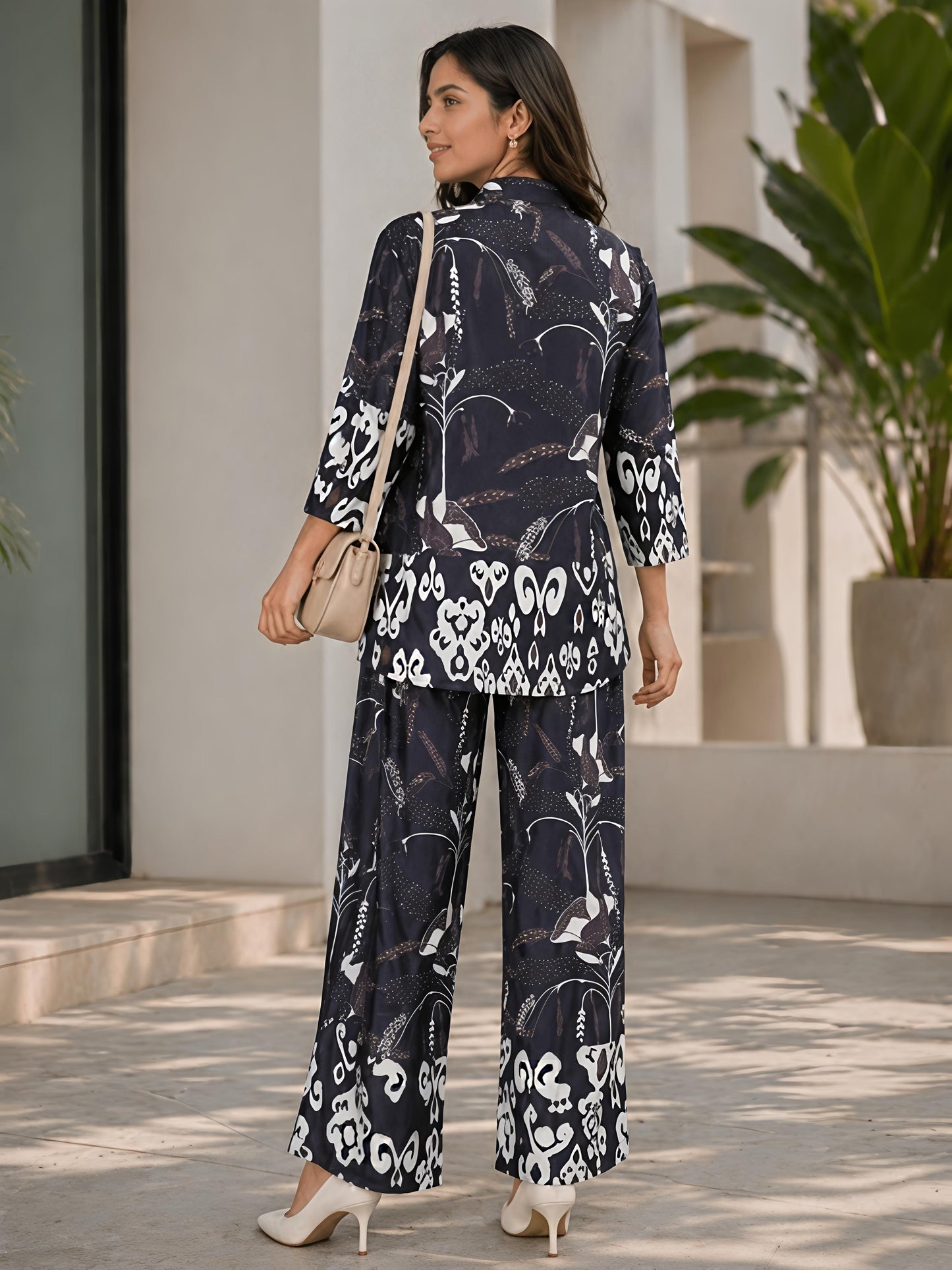 Black Printed Collar Neck Top Palazzo Casual Co-Ord Set