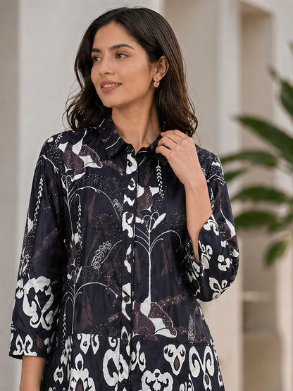 Black Printed Collar Neck Top Palazzo Casual Co-Ord Set