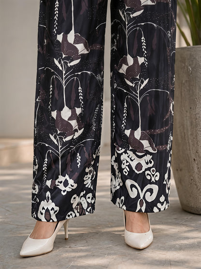 Black Printed Collar Neck Top Palazzo Casual Co-Ord Set