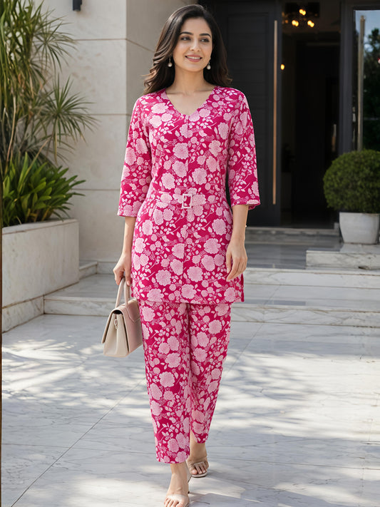 Pink Printed Straight Cottan Blend V-Neck Co-Ord Set