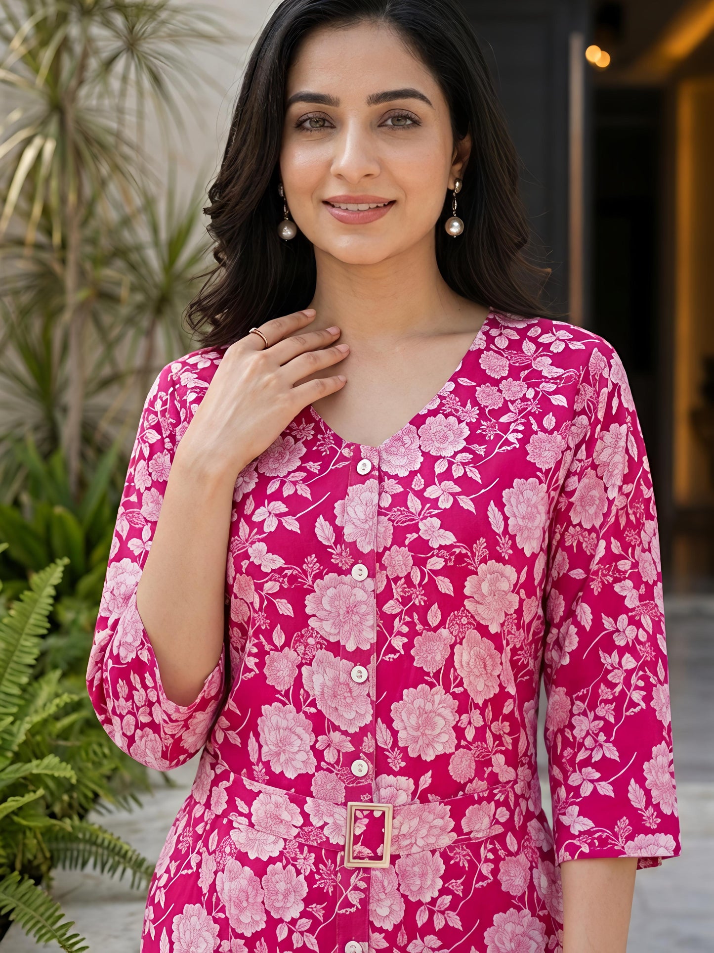 Pink Printed Straight Cottan Blend V-Neck Co-Ord Set