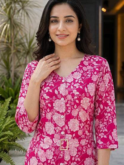 Pink Printed Straight Cottan Blend V-Neck Co-Ord Set