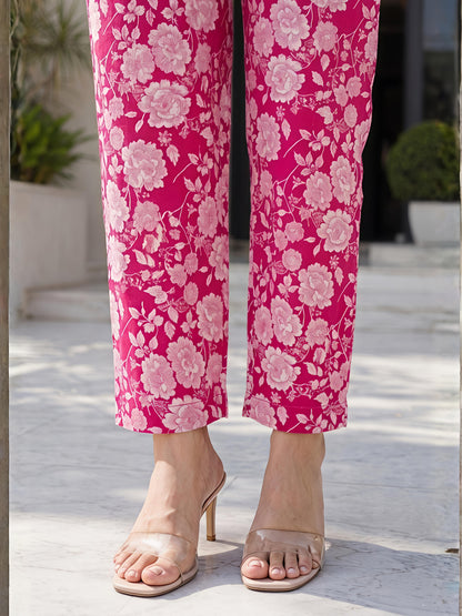 Pink Printed Straight Cottan Blend V-Neck Co-Ord Set